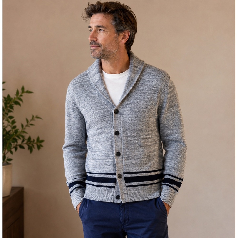 Express Men Shawl Collar Cardigan Sweater Heather Gray‎ Black Stripe Trim Size M